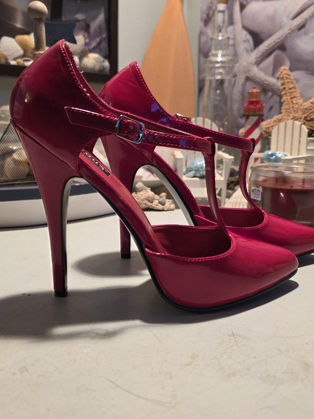 Pleaser Hot Pink Patent T‑Strap Stiletto Pumps